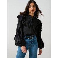 V By Very Broderie Ruffle Sleeve Shirt - Black