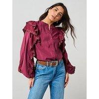 V By Very Broderie Ruffle Sleeve Shirt - Burgundy