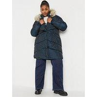Yours Curve Midi Padded Puffer Coat - Blue