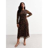 New Look Curves Leopard Long Sleeve Mesh Midi Dress - Brown