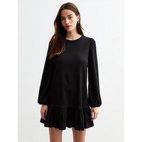New Look Textured Frill Hem Long Sleeved Mini Dress - Black