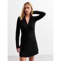 New Look Ruched Ribbed Long Sleeve Mini Shirt Dress - Black