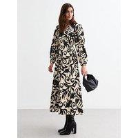 New Look Black Fern Crinkled Midi Wrap Dress - Print