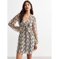 New Look Snake Print Ruffle Long Sleeve Mini Dress - Brown