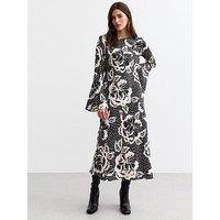 New Look Floral Print Flared Sleeve Midi Dress - Black/White