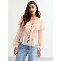 New Look Pale Chiffon Ruffle Trim Tie Front Blouse - Pink