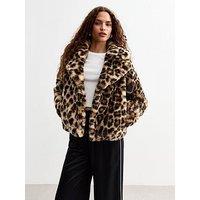 New Look Leopard Faux Fur Crop Jacket - Brown
