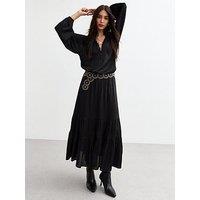 New Look Glossy Satin Tiered Midi Skirt - Black