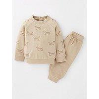 Mini V By Very Baby Boys All Over Embroidered Dog Jog Set - Beige