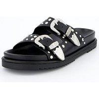 V By Very Wide Fit Western Double Buckle Footbed Sandals - Black