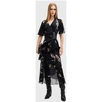 Allsaints Alana Printed Wrap Over Midi Dress - Black