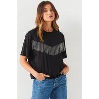 V By Very Diamante Front T-Shirt - Black