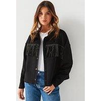 V By Very Diamonte Fringe Suede Look Shacket - Black