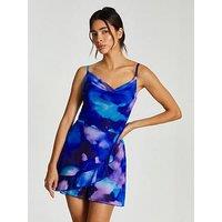 Quiz Blue Tie Dye Print Cowl Neck Mesh Playsuit