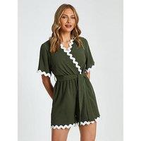 Quiz Khaki Wavy Trim Wrap Playsuit