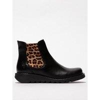 Fly London Black With Leopard Taupe Elastic Ankle Boot