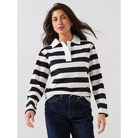 V By Very Stripe Long Sleeve Polo Top - Black