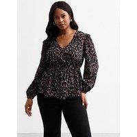 New Look Curve Woven Wrap Top - Brown/Print