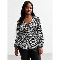 New Look Curve Woven Frill Trim Wrap-Effect Top - Print