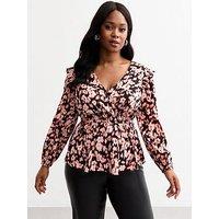 New Look Curve Woven Floral Wrap Top - Print