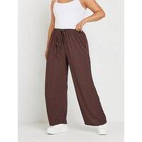 Yours Curve Textured Tie Waist Wide Leg Trouser - Brown