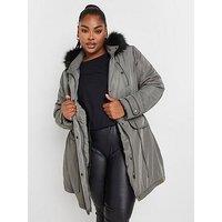 Yours Curve Plush Fur Trim Parka - Grey