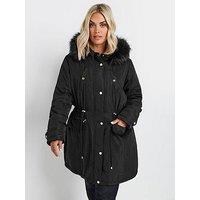 Yours Curve Plush Fur Trim Parka - Black