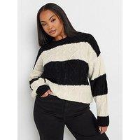 Yours Curve Cable Stripe Mix Jumper - Black/White