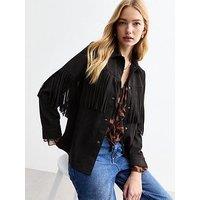 New Look Fringed Suedette Shacket - Black