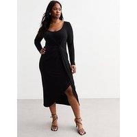 New Look Curve Ribbed Knot Front Long Sleeve Dress - Black