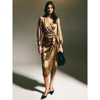 New Look Gold Foil Long Sleeve Wrap Midi Dress