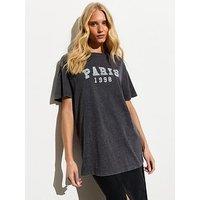 New Look Dark Grey Cotton Acid Wash Paris Slogan Oversized T-Shirt