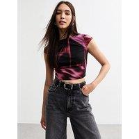 New Look Abstract Mesh Crop Top - Pink/Print