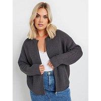 Yours Curve Zip Thru Knitted Cardigan Bomber - Grey
