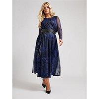 Yours Curve Long Sleeve Mesh Dress With Belt - Blue