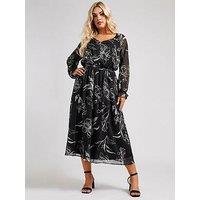 Yours Curve Mono Stencil Dress With Belt - Black