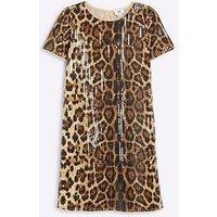 River Island Older Girl Leopard Sequin T-Shirt Dress - Brown