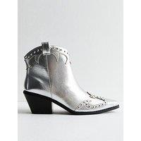 New Look Faux Leather Studded Cowboy Boots - Silver