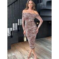 Ax Paris Leopard Print Long Sleeve Bardot Ruched Mesh Midi Dress - Brown