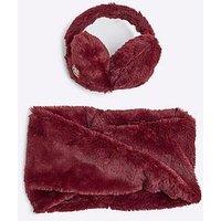 River Island Older Girl Faux Fur Ear Muff Hat And Snood Set - Red