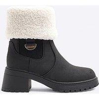 River Island Shearling Cuff Heeled Boots - Black