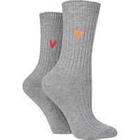 Caroline Gardner 2Pk Bamboo Ribbed Lightbootlt Grey With Orange/Red Heart