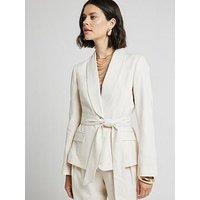 River Island Belted Linen Blazer - Cream