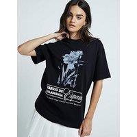 River Island Floral Slogan Boyfriend Tee - Black