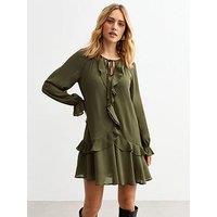New Look Chiffon Ruffle Trim Mini Dress - Khaki