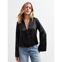 New Look Satin Tie Front Shirt - Black