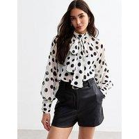 New Look Black Polka Dot Chiffon Bow Collar Blouse