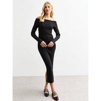 New Look Ribbed Bardot Long Sleeved Midi Dress - Black