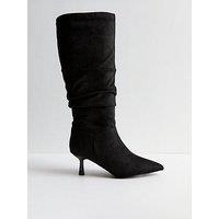 New Look Wide Fit Ruched Suedette Knee High Boots - Black