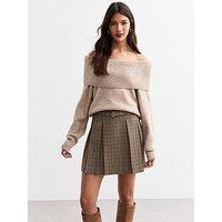 New Look Check Belted Box Pleat Mini Skirt - Brown